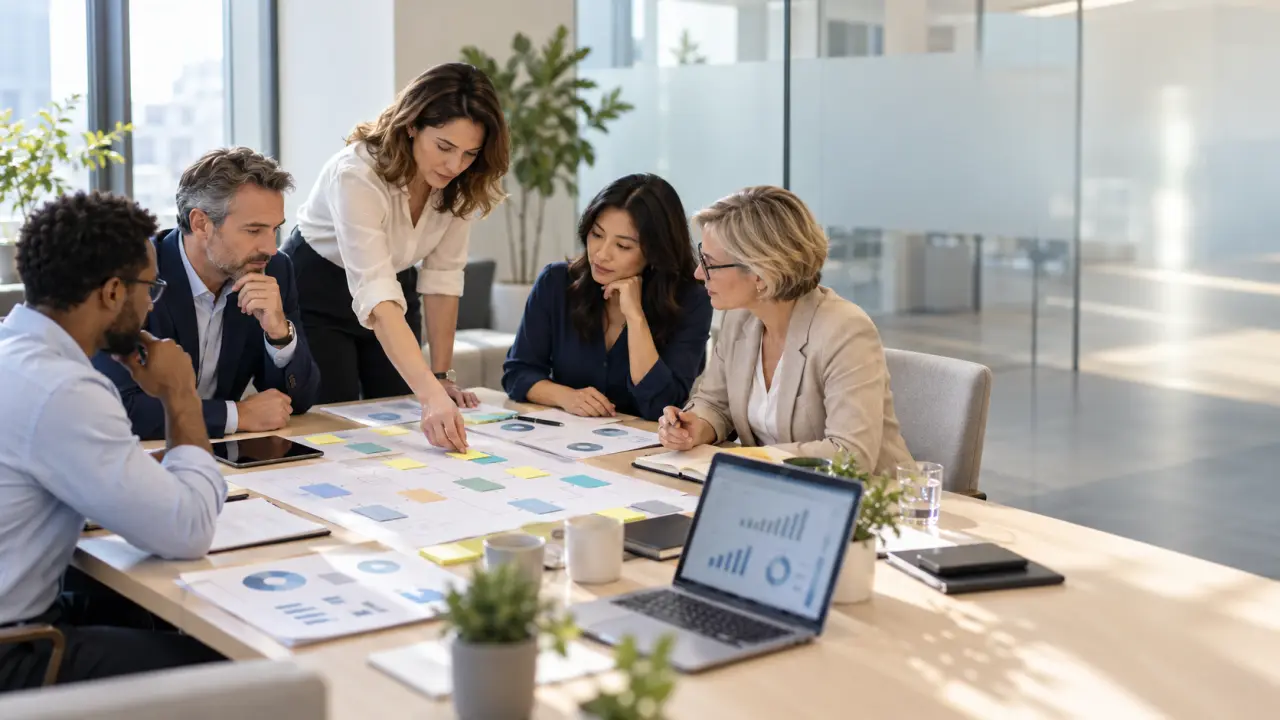 Équipe de direction analysant les processus RH autour d'une table de réunion