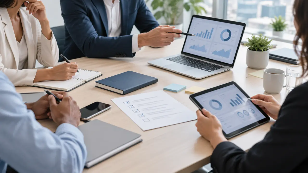 Équipe dirigeante préparant un projet digital autour d'une table de réunion