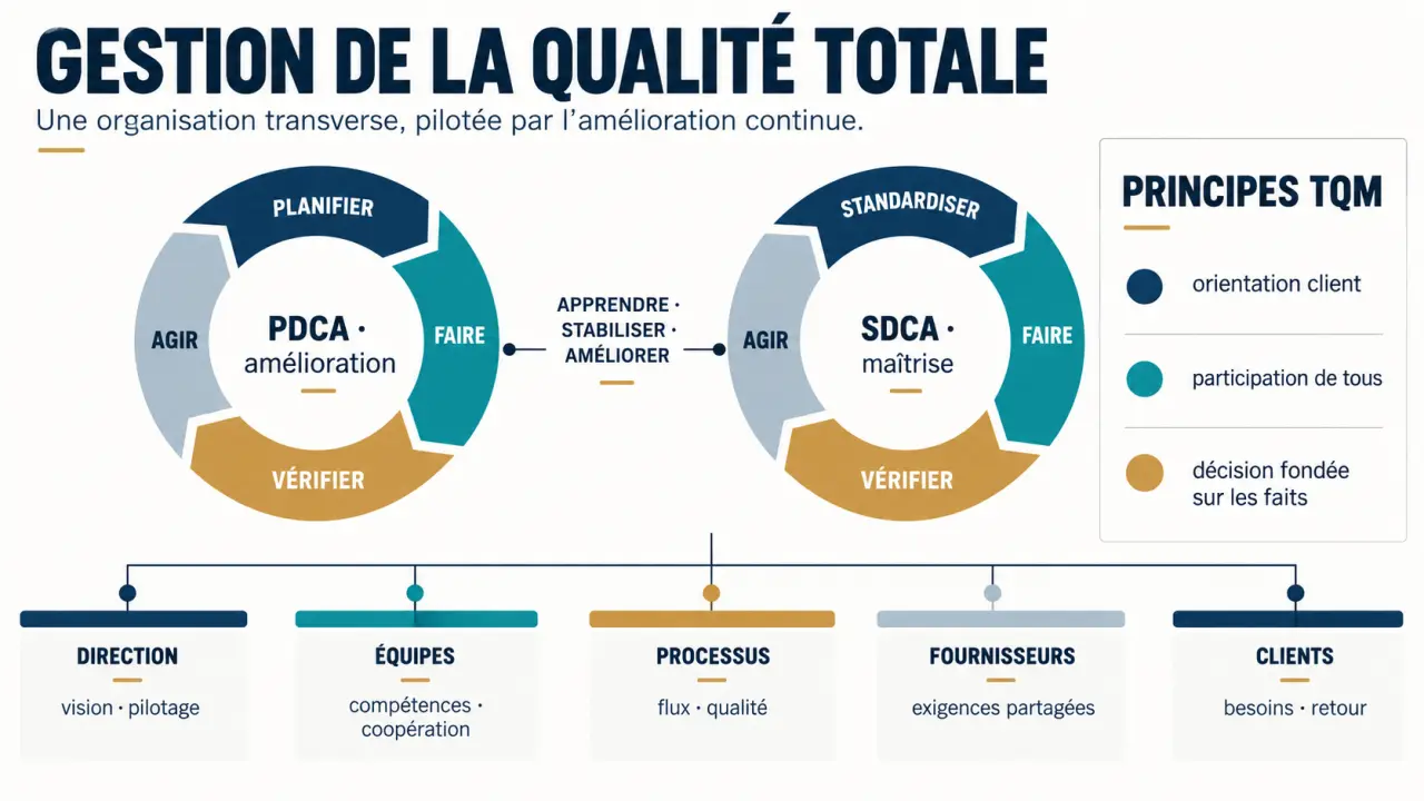 Schéma du TQM quality management avec les cycles PDCA et SDCA