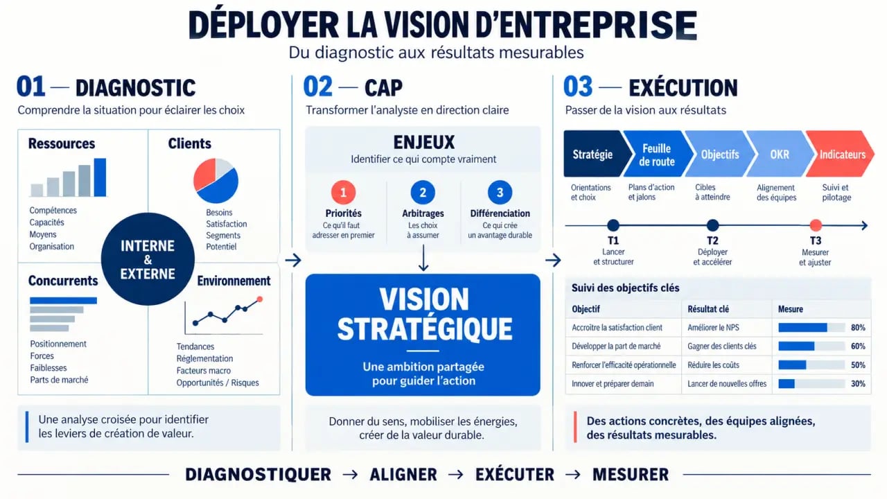 Stratégie vision : schéma du diagnostic stratégique jusqu'aux objectifs et indicateurs