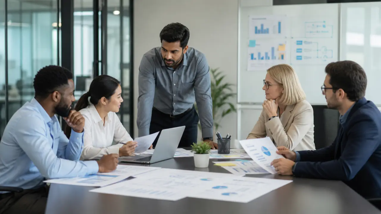 Réunion d'équipe autour d'une table dans un bureau moderne, analyse de tableaux de bord