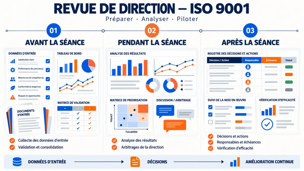 Schéma du déroulement d’une revue de direction ISO 9001 avant, pendant et après la réunion