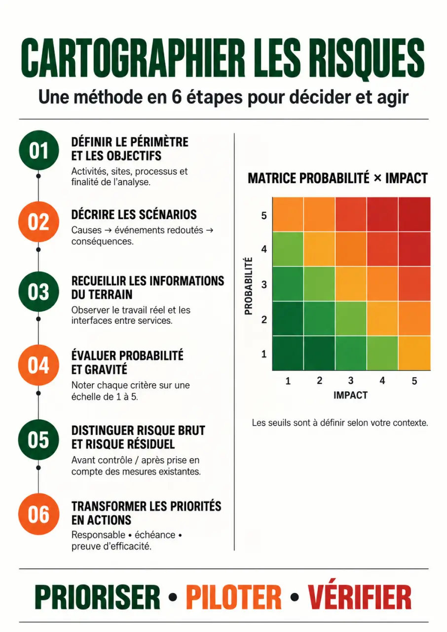 Infographie de la méthode de cartographie des risques en six étapes avec matrice probabilité-impact