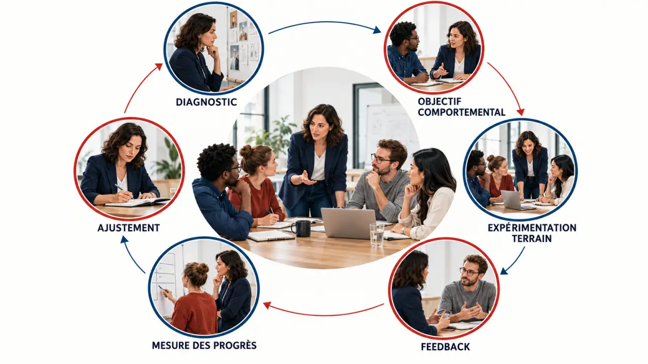 Parcours visuel d’un leadership plan, du diagnostic au feedback et à l’ajustement
