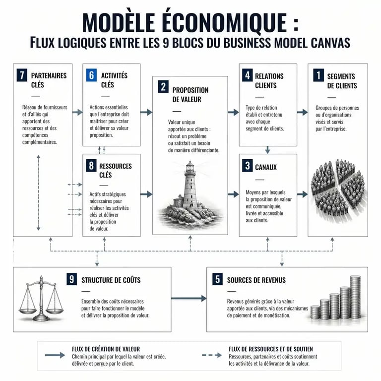 Schéma logique des relations entre les 9 blocs du Business Model Canvas