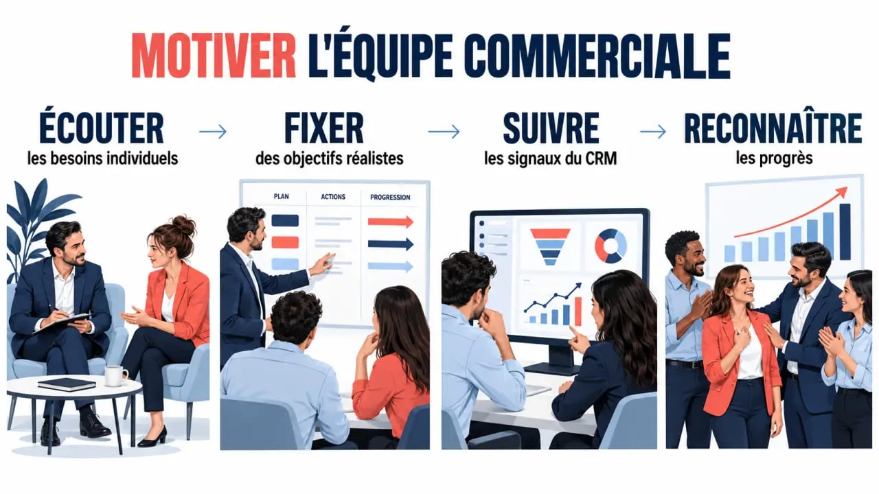 Schéma éditorial pour motiver une force de vente grâce à l’écoute, aux objectifs, au suivi et à la reconnaissance