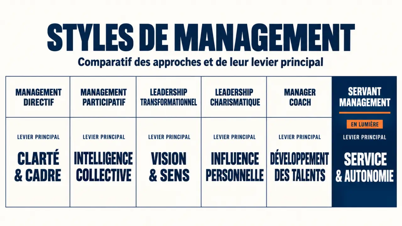 Comparaison du servant management avec les autres styles de management : directif, participatif, transformationnel, charismatique et coach