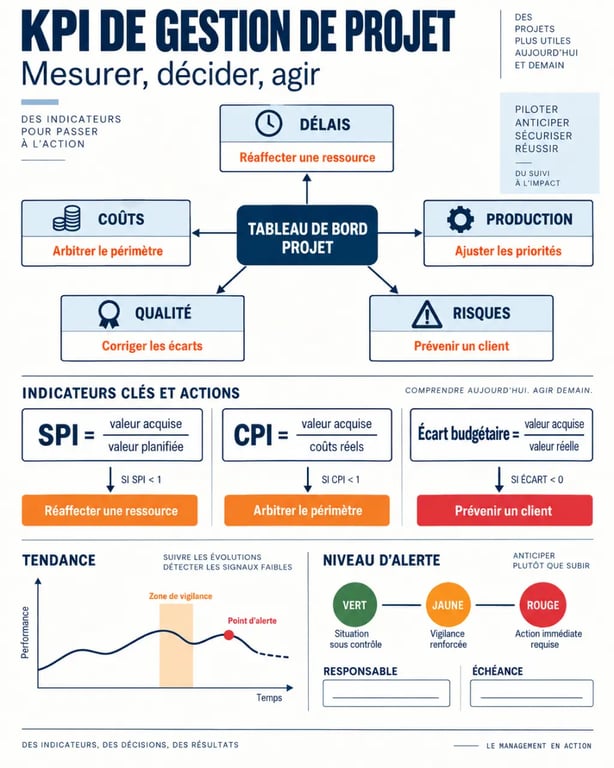 Infographie des KPI de gestion de projet avec SPI, CPI, écart budgétaire et tableau de bord