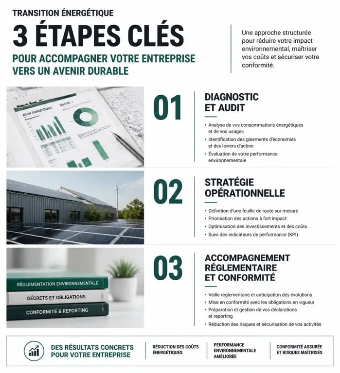 Infographie des étapes de la transition énergétique pour consultant en gestion de la transition énergétique pour entreprises paris